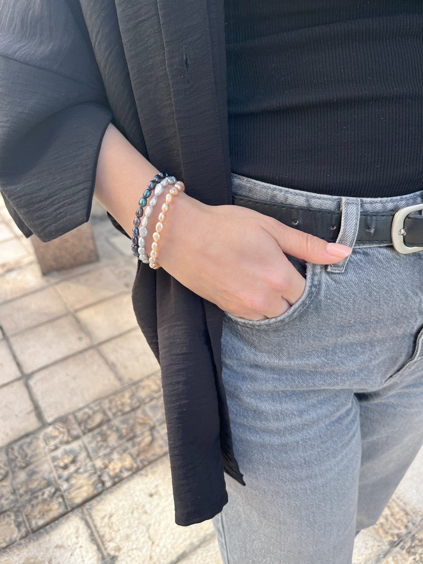 סט שלושה צמידים: אפרסק, אפור, שחור